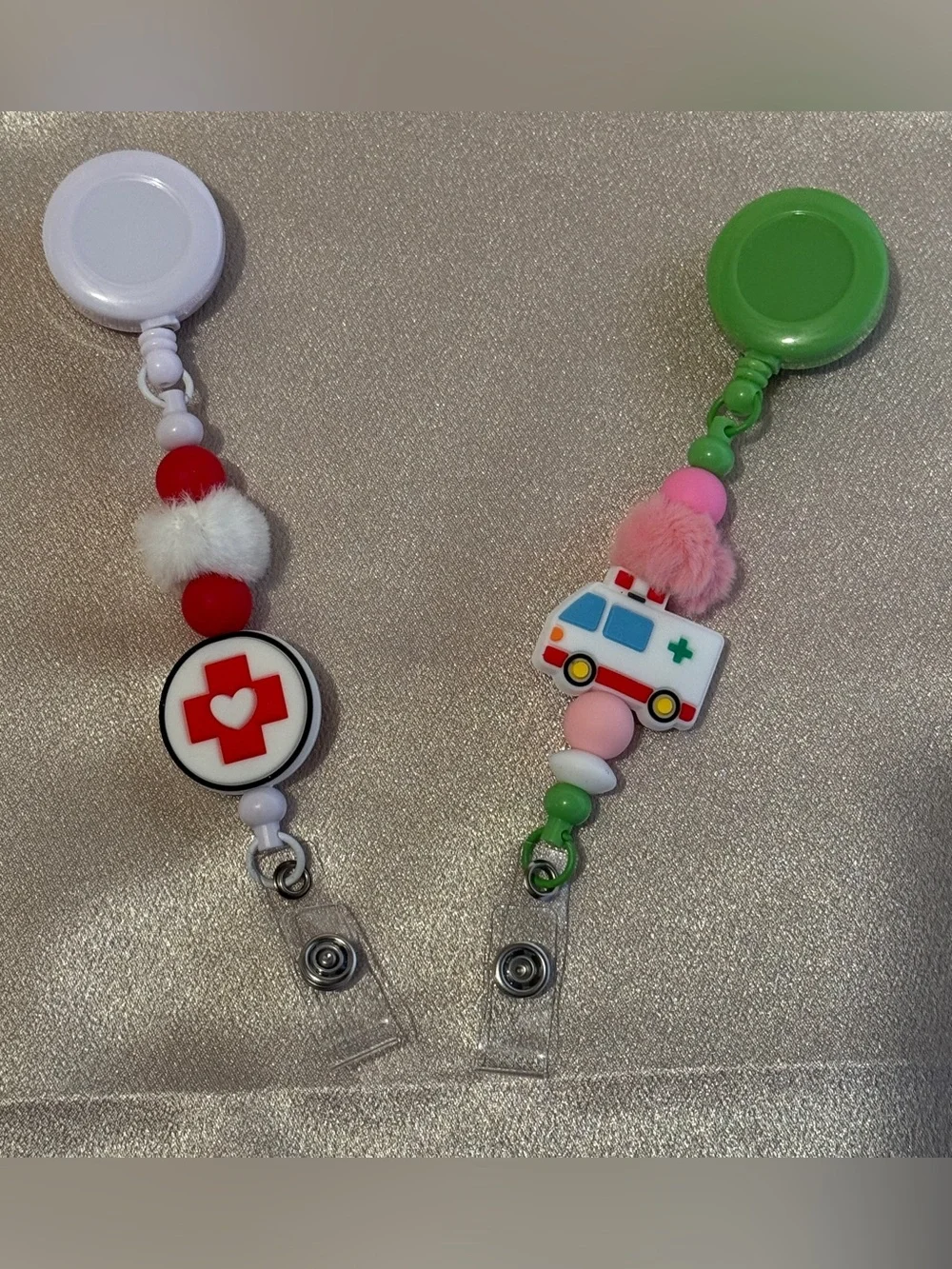 Handmade Beaded Preppy Medical Red Cross Heart Badge Reel & Keychain Set